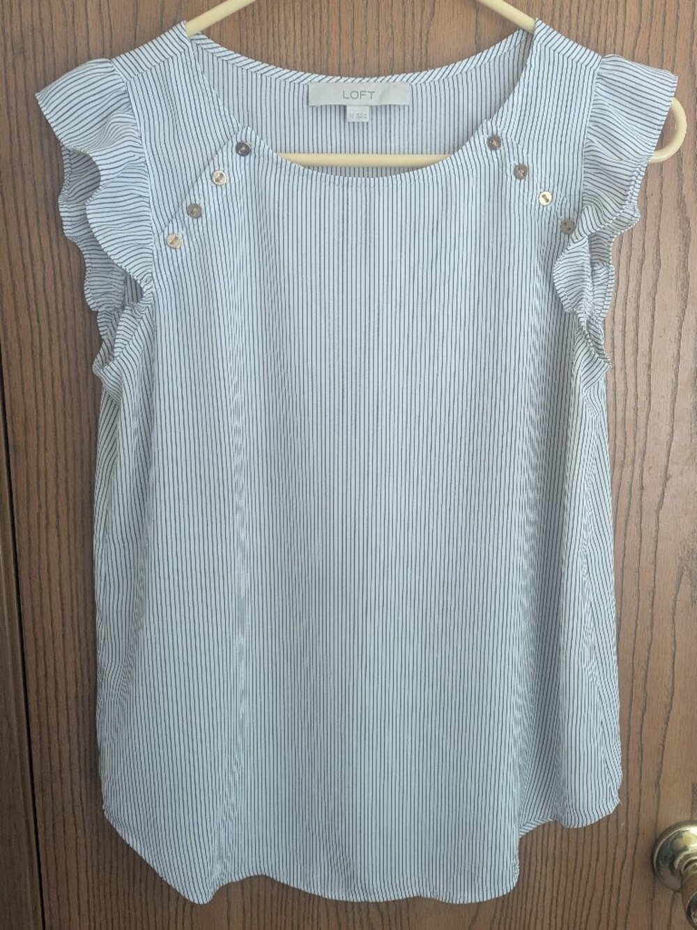 Loft Stripe Ruffle Cap Sleeve Blouse Button Accents Preppy Nautical Feminine- XS